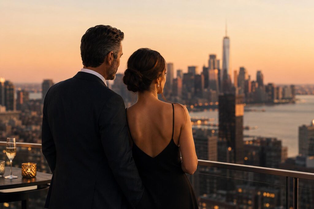 Romantic sunset over city skyline