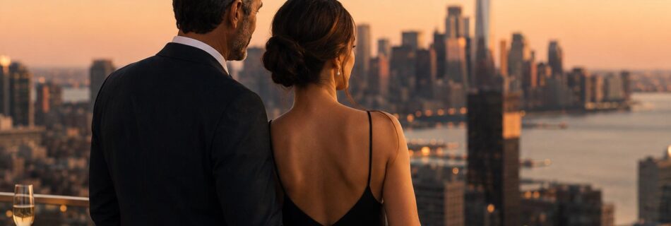 Romantic sunset over city skyline