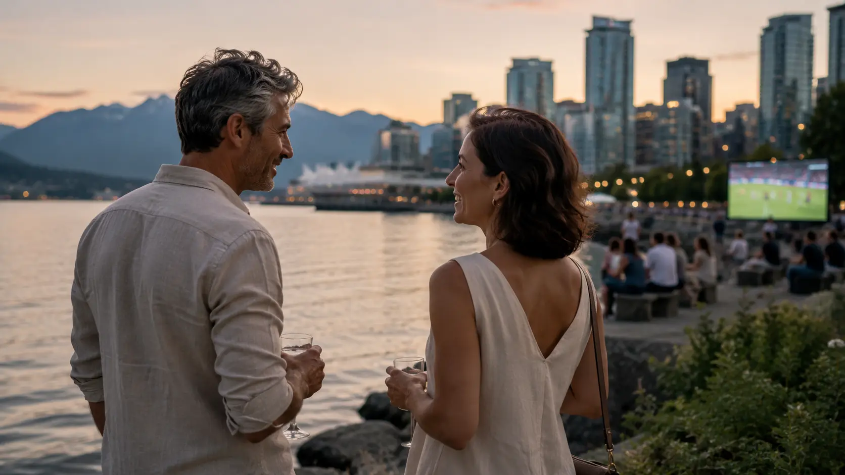 Waterfront conversation at golden hour