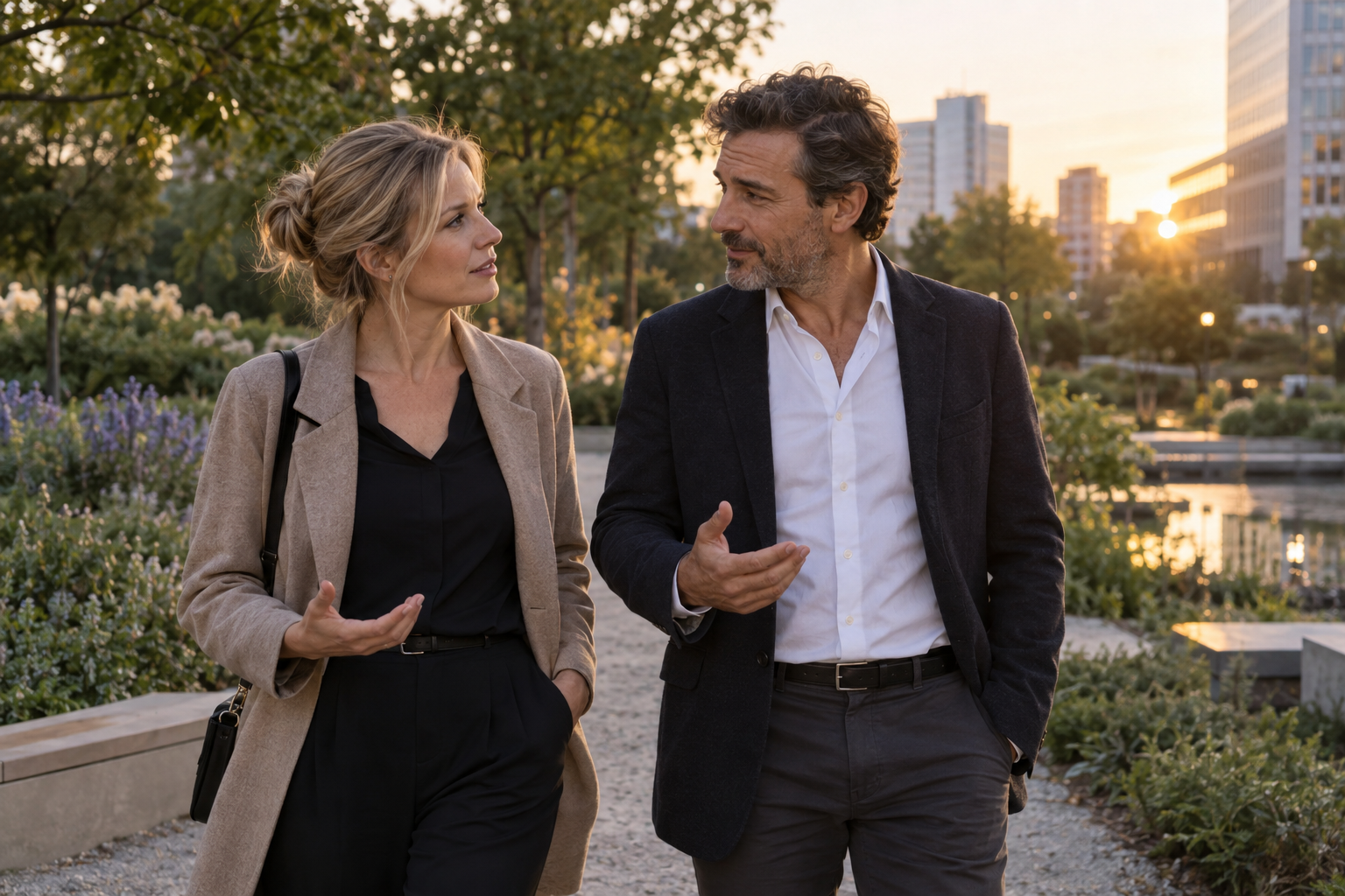 Professional couple discussing career values during a calm evening walk