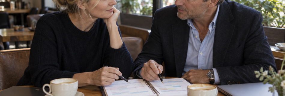 Professional couple comparing weekly calendars to create time for a new relationship