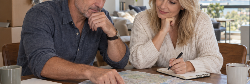 Dual-career couple comparing two cities before making a relationship relocation decision